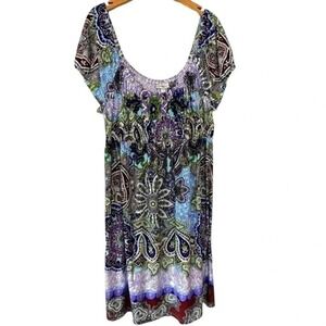 Dressbarn Woman‎ Purple Blue Paisley Empire Waist Midi Dress 14W Plus Size